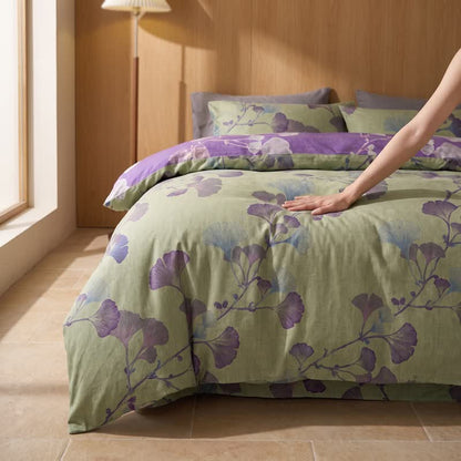 Set di biancheria da letto reversibile in cotone con motivo a foglie di ginkgo in stile retrò - image 10