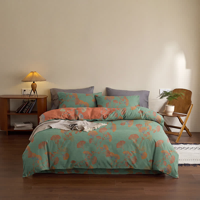 Set di biancheria da letto reversibile in cotone con motivo a foglie di ginkgo in stile retrò - image 16