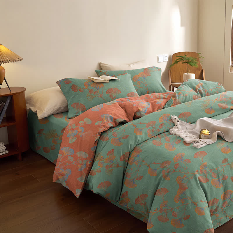 Set di biancheria da letto reversibile in cotone con motivo a foglie di ginkgo in stile retrò - image 12