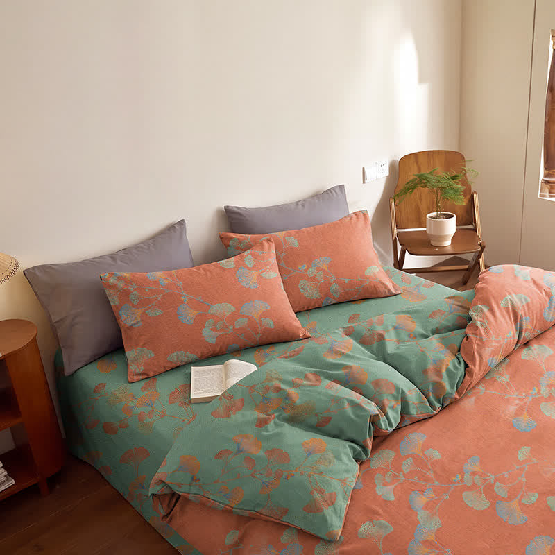 Set di biancheria da letto reversibile in cotone con motivo a foglie di ginkgo in stile retrò - image 19