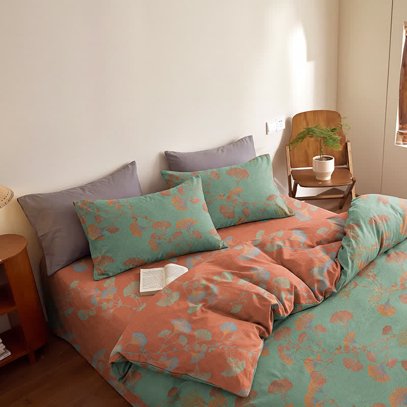 Set di biancheria da letto reversibile in cotone con motivo a foglie di ginkgo in stile retrò - Verde e rosso - Set di biancheria da letto (4 pezzi) - Matrimoniale - image 13