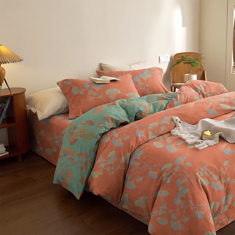 Set di biancheria da letto reversibile in cotone con motivo a foglie di ginkgo in stile retrò - Rosso e verde - Set di biancheria da letto (4 pezzi) - Matrimoniale - image 18