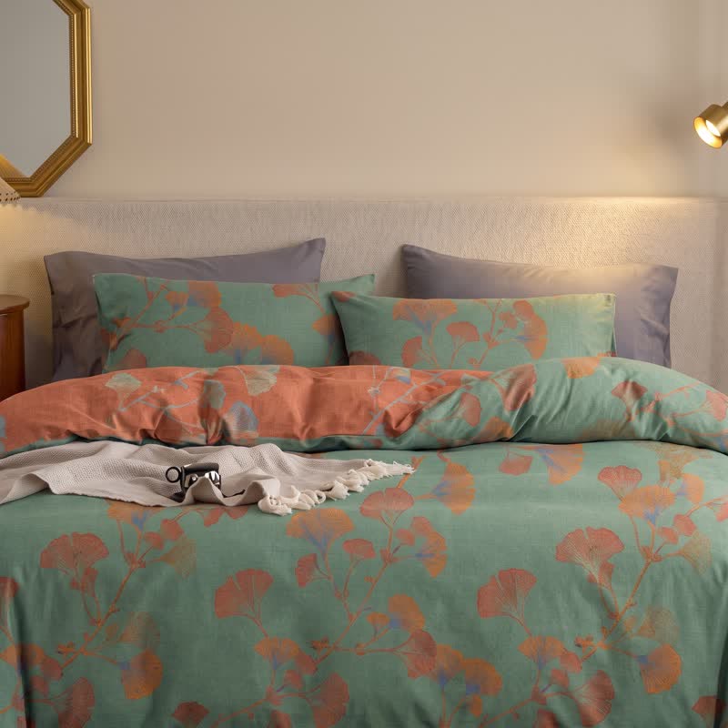 Set di biancheria da letto reversibile in cotone con motivo a foglie di ginkgo in stile retrò - image 14