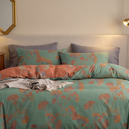 Set di biancheria da letto reversibile in cotone con motivo a foglie di ginkgo in stile retrò - image 14
