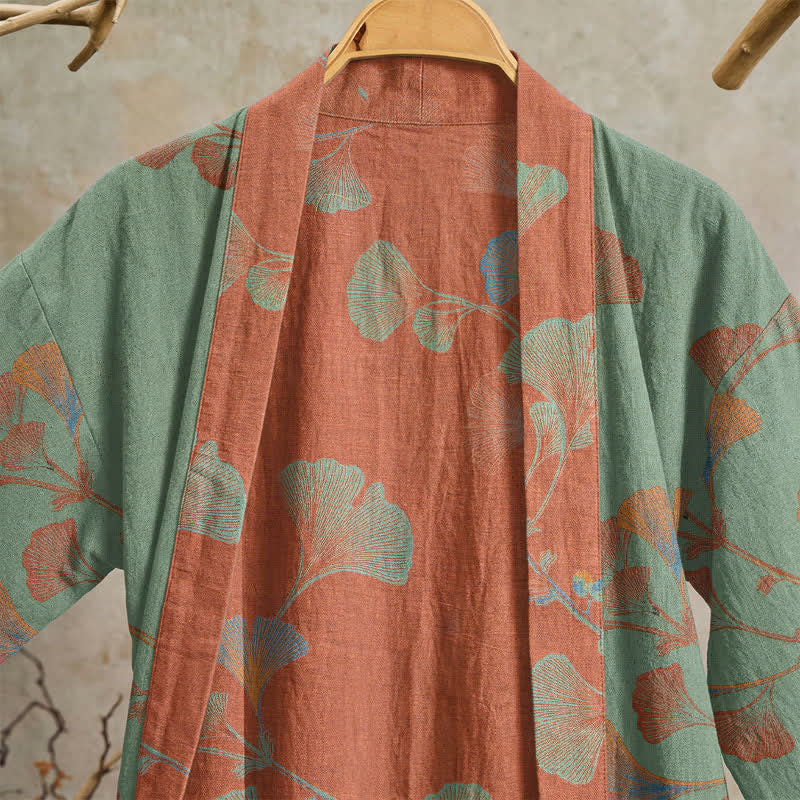 Kimono in cotone con foglie di ginkgo in stile retrò - image 13