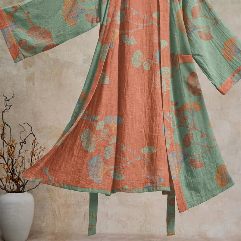 Kimono in cotone con foglie di ginkgo in stile retrò - image 12