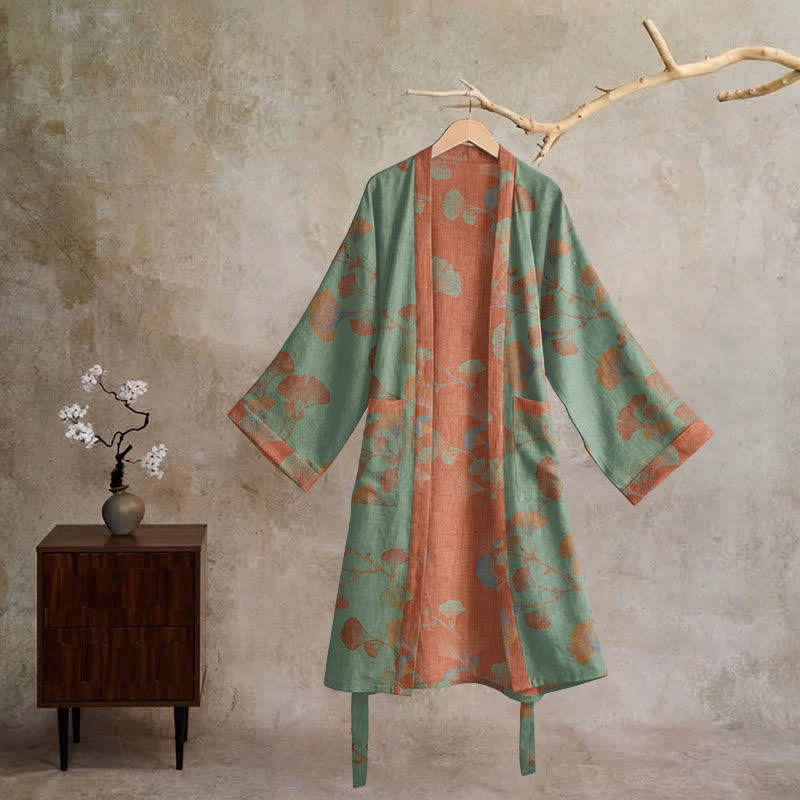 Kimono in cotone con foglie di ginkgo in stile retrò - image 11
