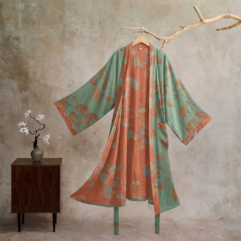 Kimono in cotone con foglie di ginkgo in stile retrò - Verde e rosso - XL - image 10