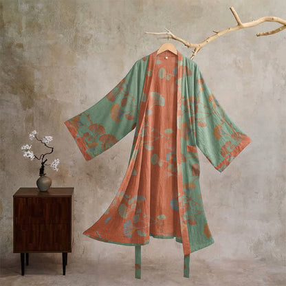 Kimono in cotone con foglie di ginkgo in stile retrò - Verde e rosso - XL - image 10