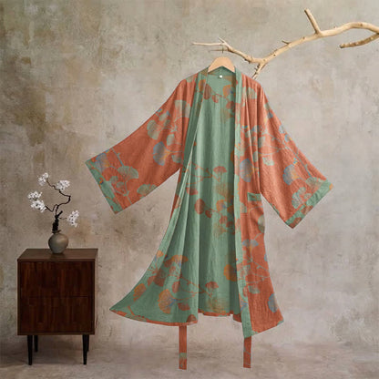 Kimono in cotone con foglie di ginkgo in stile retrò - Rosso e verde - XL - image 16