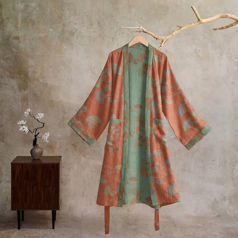 Kimono in cotone con foglie di ginkgo in stile retrò - image 21