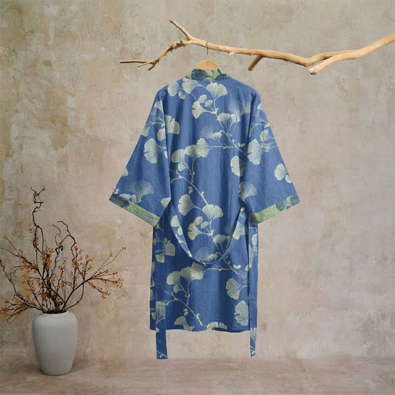 Kimono in cotone con foglie di ginkgo in stile retrò - image 6