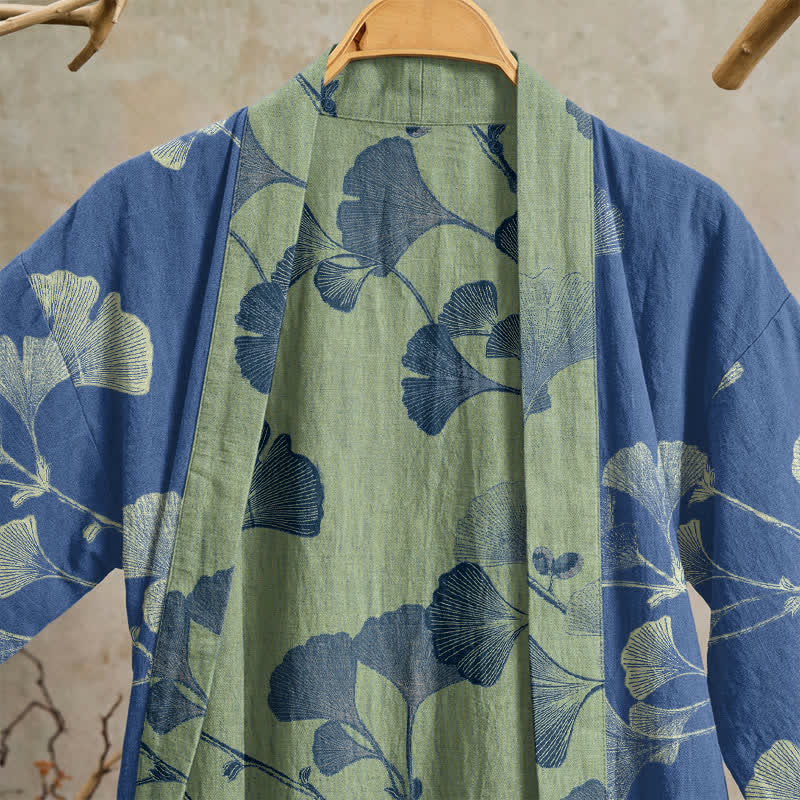 Kimono in cotone con foglie di ginkgo in stile retrò - image 8