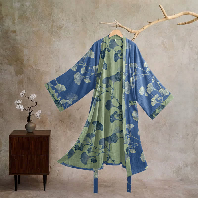 Kimono in cotone con foglie di ginkgo in stile retrò - Blu intenso e verde erba - XL - image 5