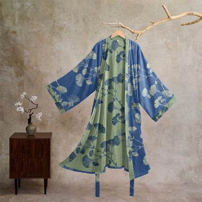 Kimono in cotone con foglie di ginkgo in stile retrò - Blu intenso e verde erba - XL - image 5