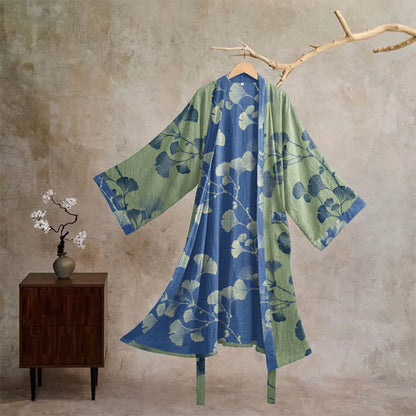 Kimono in cotone con foglie di ginkgo in stile retrò - Verde vetro e blu intenso - XL - image 22