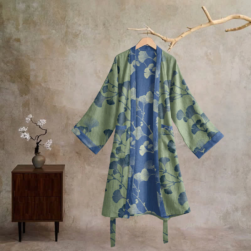 Kimono in cotone con foglie di ginkgo in stile retrò - image 27