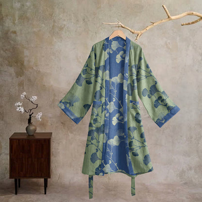 Kimono in cotone con foglie di ginkgo in stile retrò - image 27