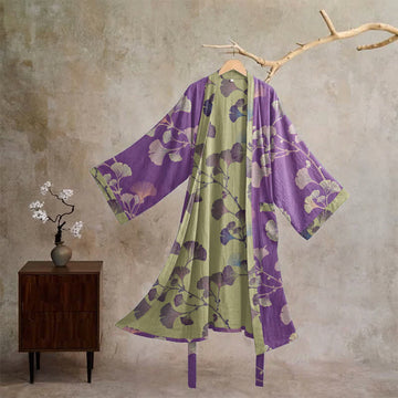 Kimono in cotone con foglie di ginkgo in stile retrò - Viola e verde erba - XL - image 0
