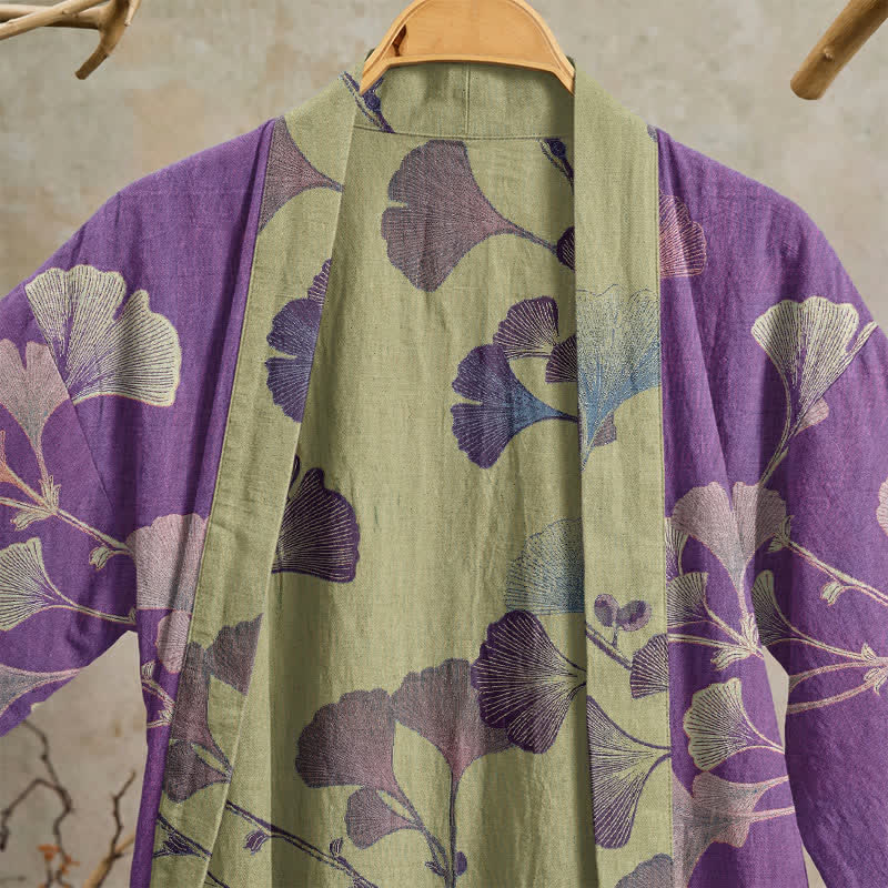 Kimono in cotone con foglie di ginkgo in stile retrò - image 3