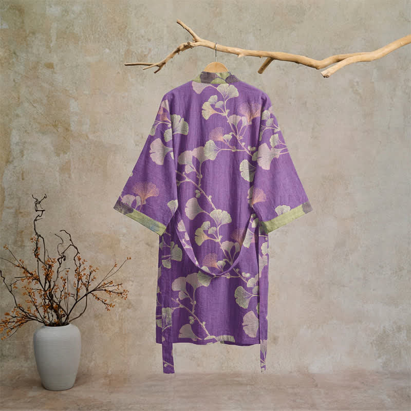 Kimono in cotone con foglie di ginkgo in stile retrò - image 1
