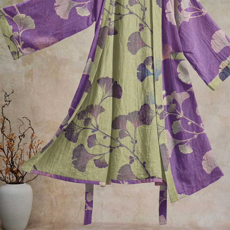 Kimono in cotone con foglie di ginkgo in stile retrò - image 2