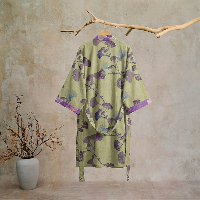 Kimono in cotone con foglie di ginkgo in stile retrò - image 29