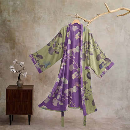 Kimono in cotone con foglie di ginkgo in stile retrò - Verde erba e viola - XL - image 28
