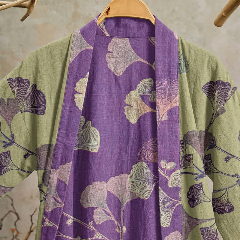 Kimono in cotone con foglie di ginkgo in stile retrò - image 31