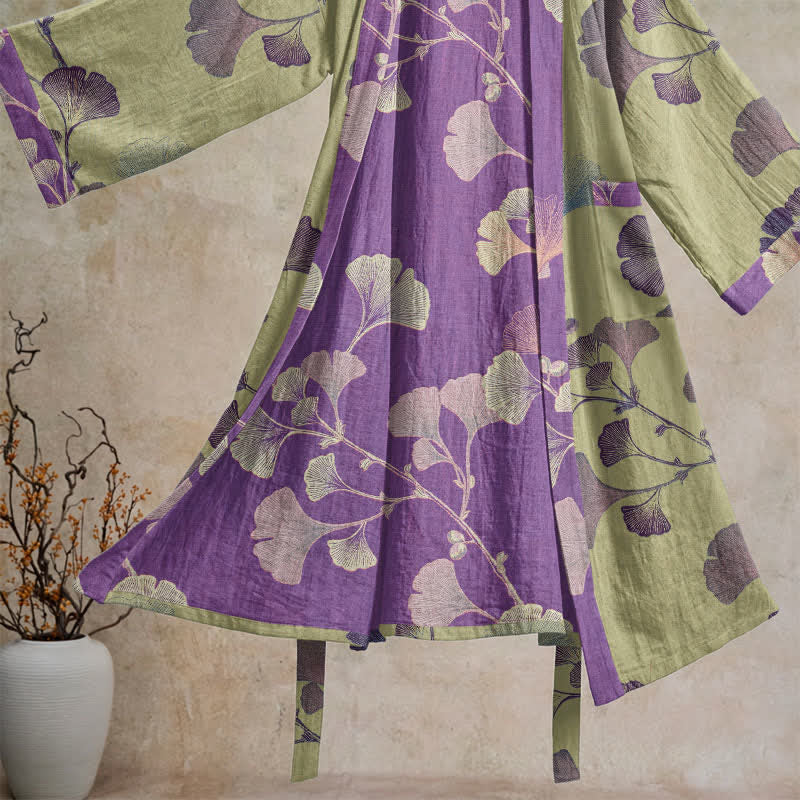 Kimono in cotone con foglie di ginkgo in stile retrò - image 30