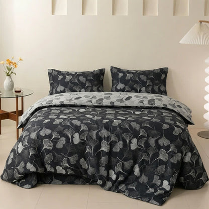 Set di biancheria da letto reversibile in cotone con motivo vintage a foglie di ginkgo nero - image 3