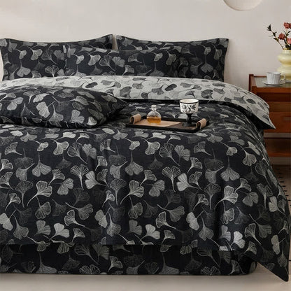 Set di biancheria da letto reversibile in cotone con motivo vintage a foglie di ginkgo nero - image 1