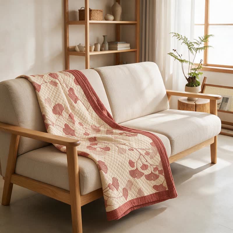Coperta in cotone con motivo a foglie di ginkgo rosse - image 13