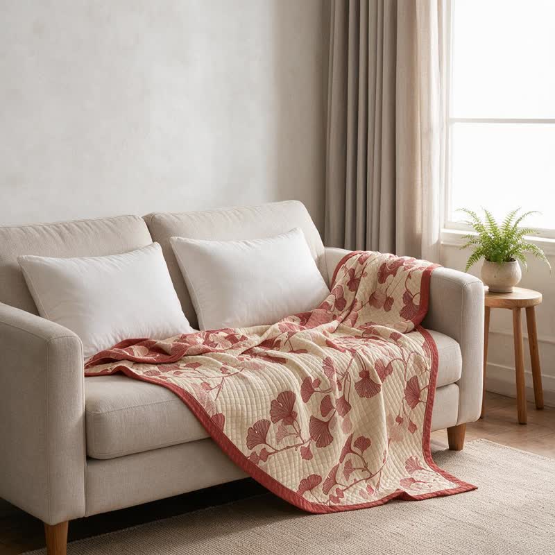 Coperta in cotone con motivo a foglie di ginkgo rosse - image 14