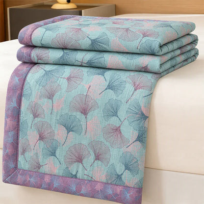 Coperta in cotone con motivo botanico retrò a foglie di ginkgo - Blu - 90" x 92" - image 0