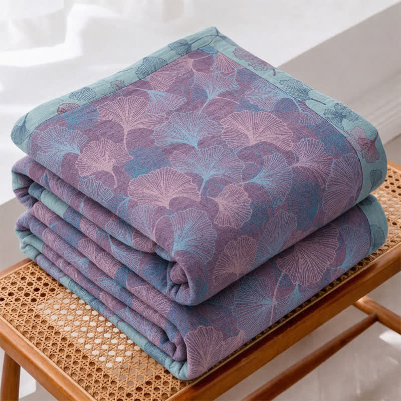 Coperta in cotone con motivo botanico retrò a foglie di ginkgo - image 4