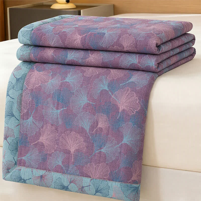 Coperta in cotone con motivo botanico retrò a foglie di ginkgo - Viola - 90" x 92" - image 3