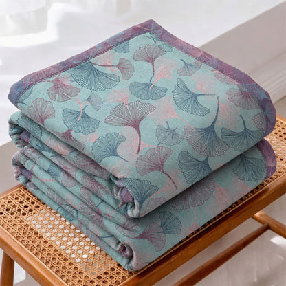 Coperta in cotone con motivo botanico retrò a foglie di ginkgo - image 1