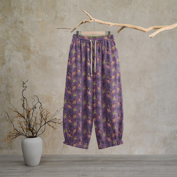 Pantaloni da casa larghi in cotone con motivo a foglie di ginkgo in stile retrò - Viola - XL - image 0