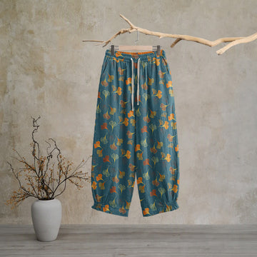 Pantaloni da casa in cotone con stampa a foglie di ginkgo multicolore - Blu - XL - image 0