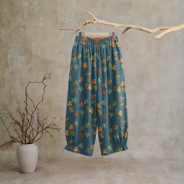 Pantaloni da casa in cotone con stampa a foglie di ginkgo multicolore - Blu - XL - image 0