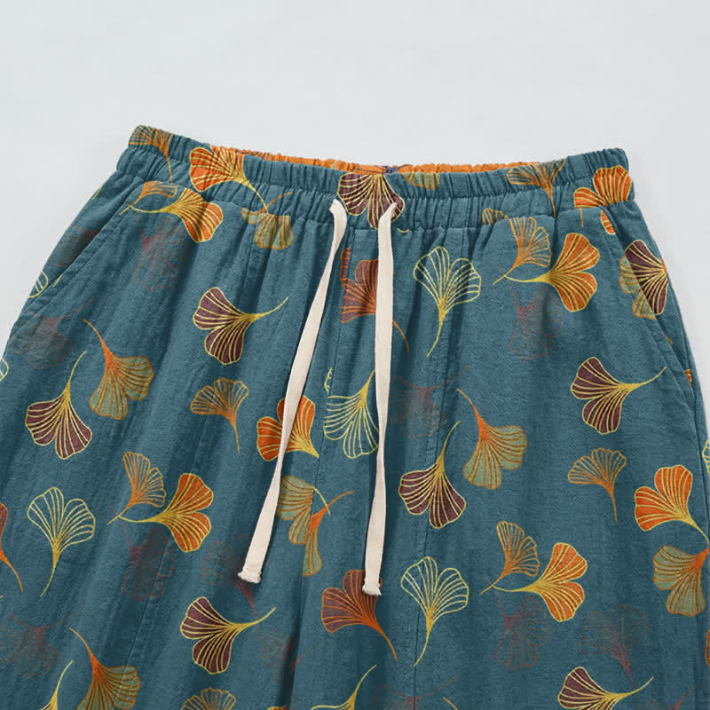 Pantaloni da casa in cotone con stampa a foglie di ginkgo multicolore - image 2