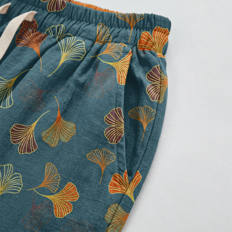 Pantaloni da casa in cotone con stampa a foglie di ginkgo multicolore - image 3