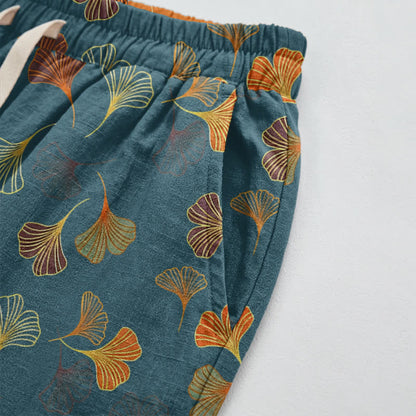Pantaloni da casa in cotone con stampa a foglie di ginkgo multicolore - image 3