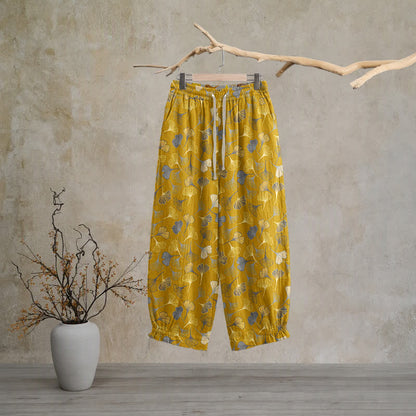Pantaloni da casa in cotone con stampa a foglie di ginkgo multicolore - Giallo - XL - image 5
