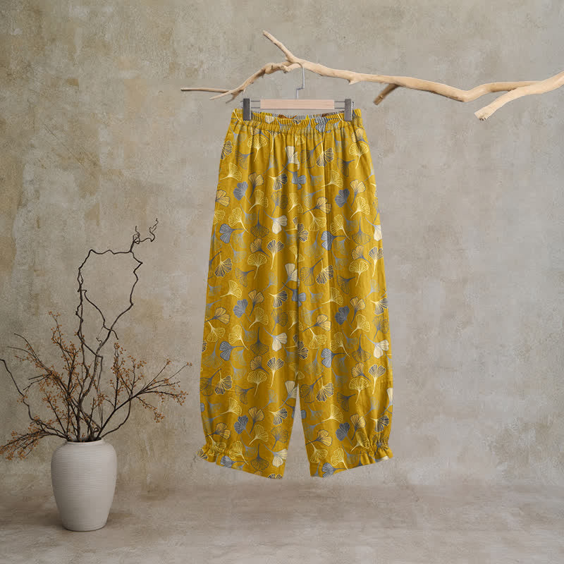 Pantaloni da casa in cotone con stampa a foglie di ginkgo multicolore - image 6