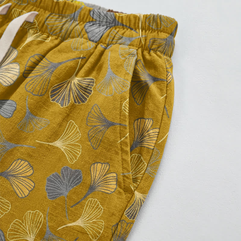 Pantaloni da casa in cotone con stampa a foglie di ginkgo multicolore - image 8