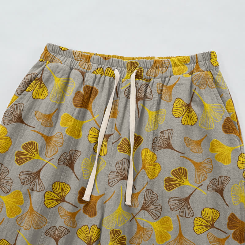 Pantaloni da casa in cotone con stampa a foglie di ginkgo multicolore - image 12