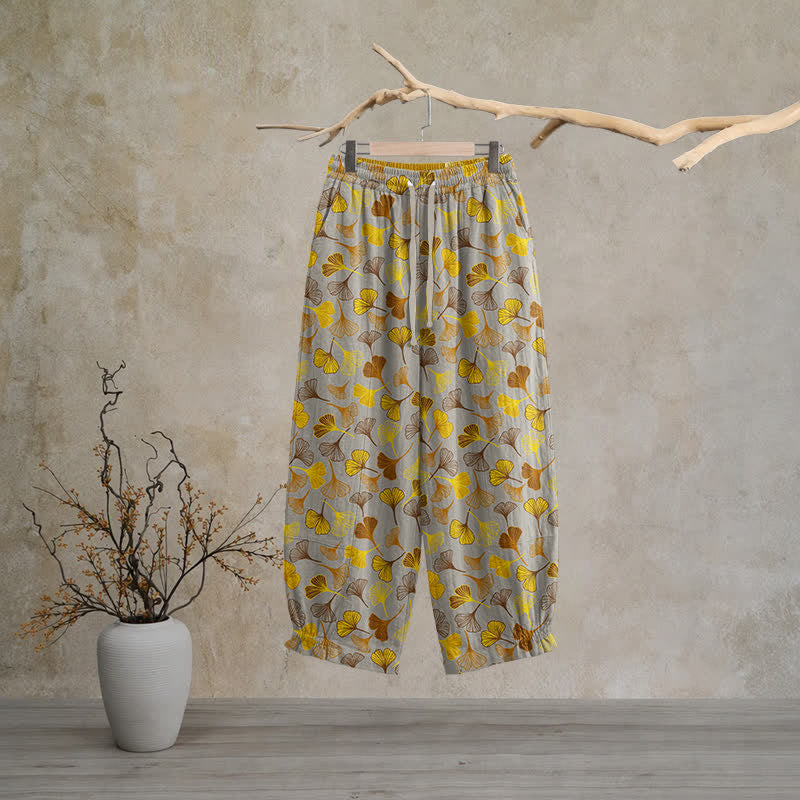 Pantaloni da casa in cotone con stampa a foglie di ginkgo multicolore - Grigio - XL - image 10
