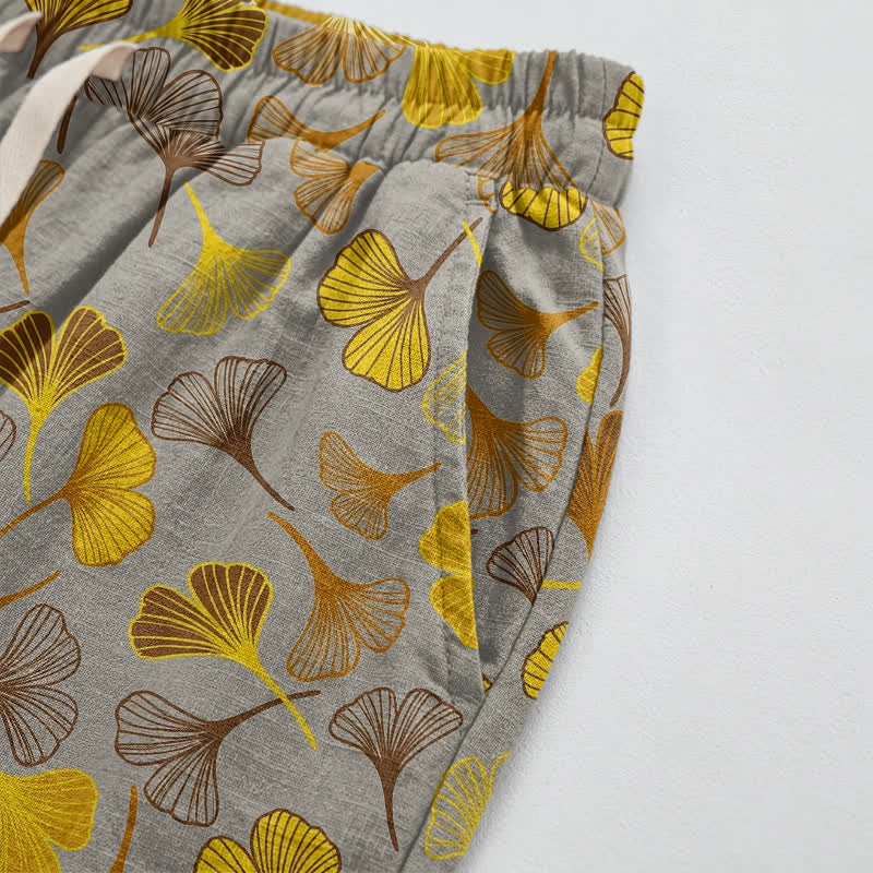 Pantaloni da casa in cotone con stampa a foglie di ginkgo multicolore - image 13